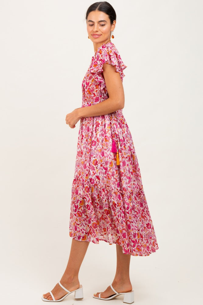 Pink Floral Chiffon Flutter Sleeve Ruffle Hem Midi Dress