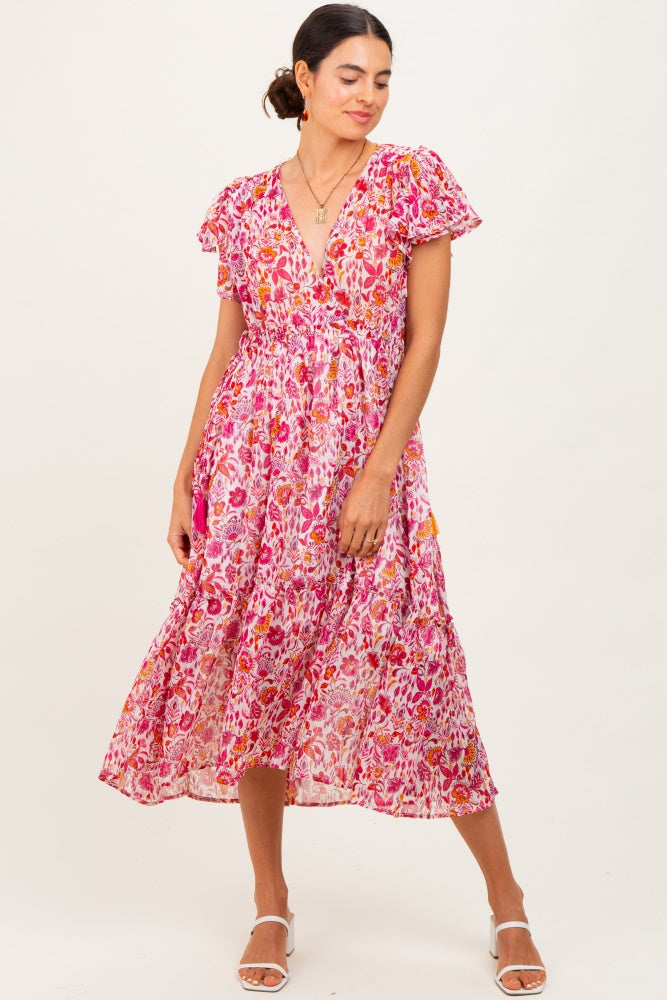 Pink Floral Chiffon Flutter Sleeve Ruffle Hem Maternity Midi Dress PinkBlush Pink Floral Chiffon Flutter Sleeve Ruffle Hem Maternity Midi Dress PinkBlush