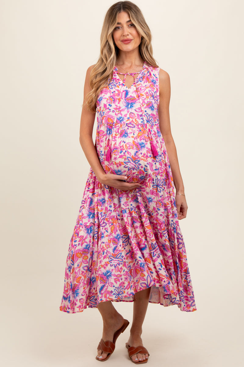 Magenta Floral Ruffle Mock Neck Tiered Sleeveless Maternity Midi Dress ...