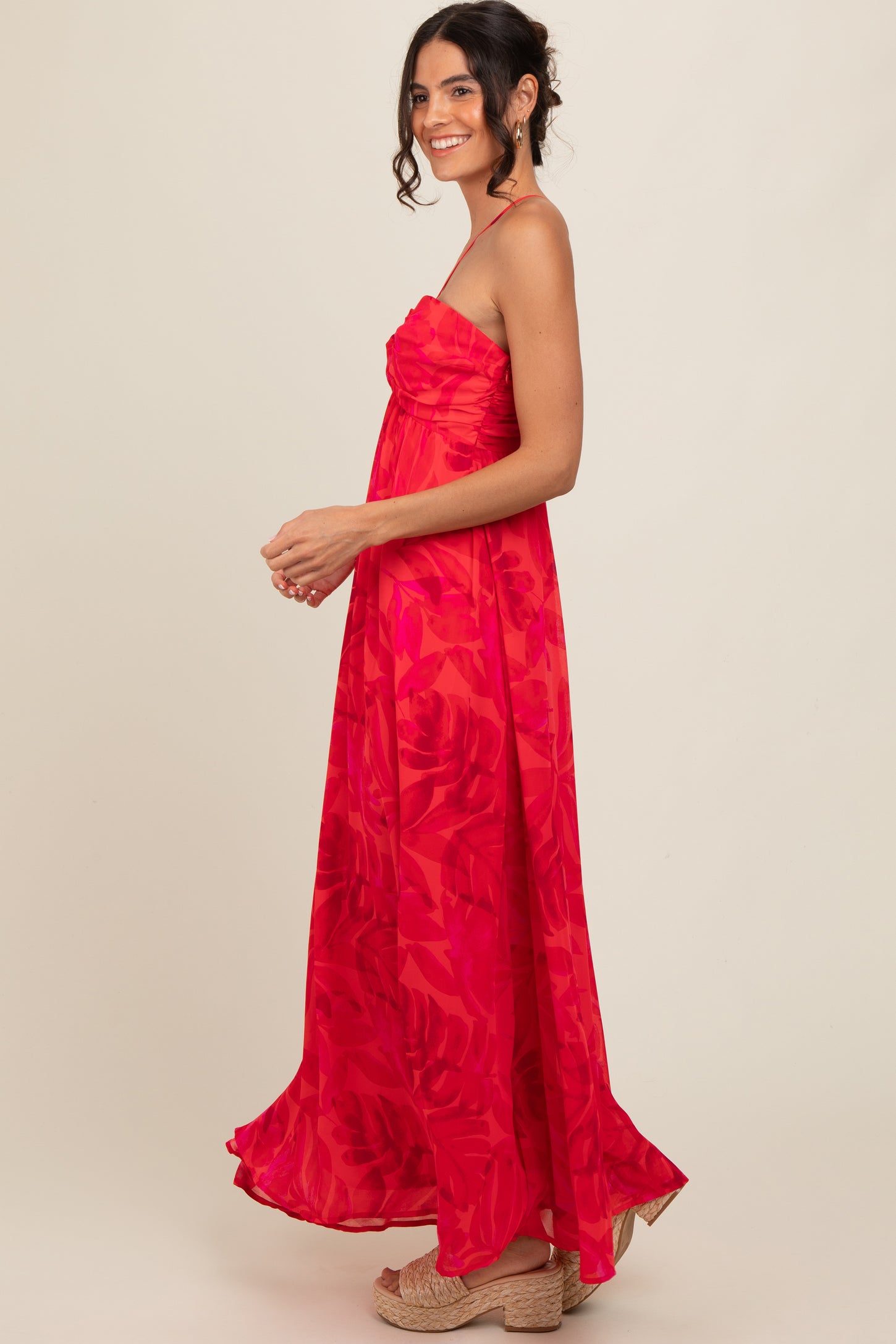 red floral halter dress Halter Floral Strappy Backless Maxi Dress Red