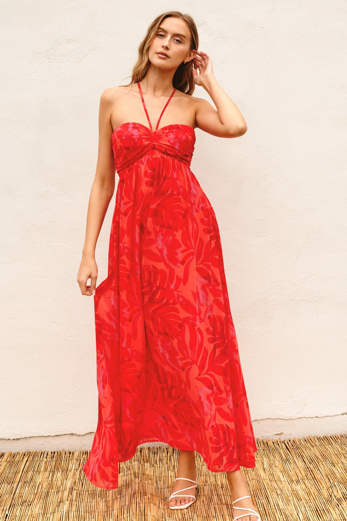 Red Tonal Floral Halter Maxi Dress