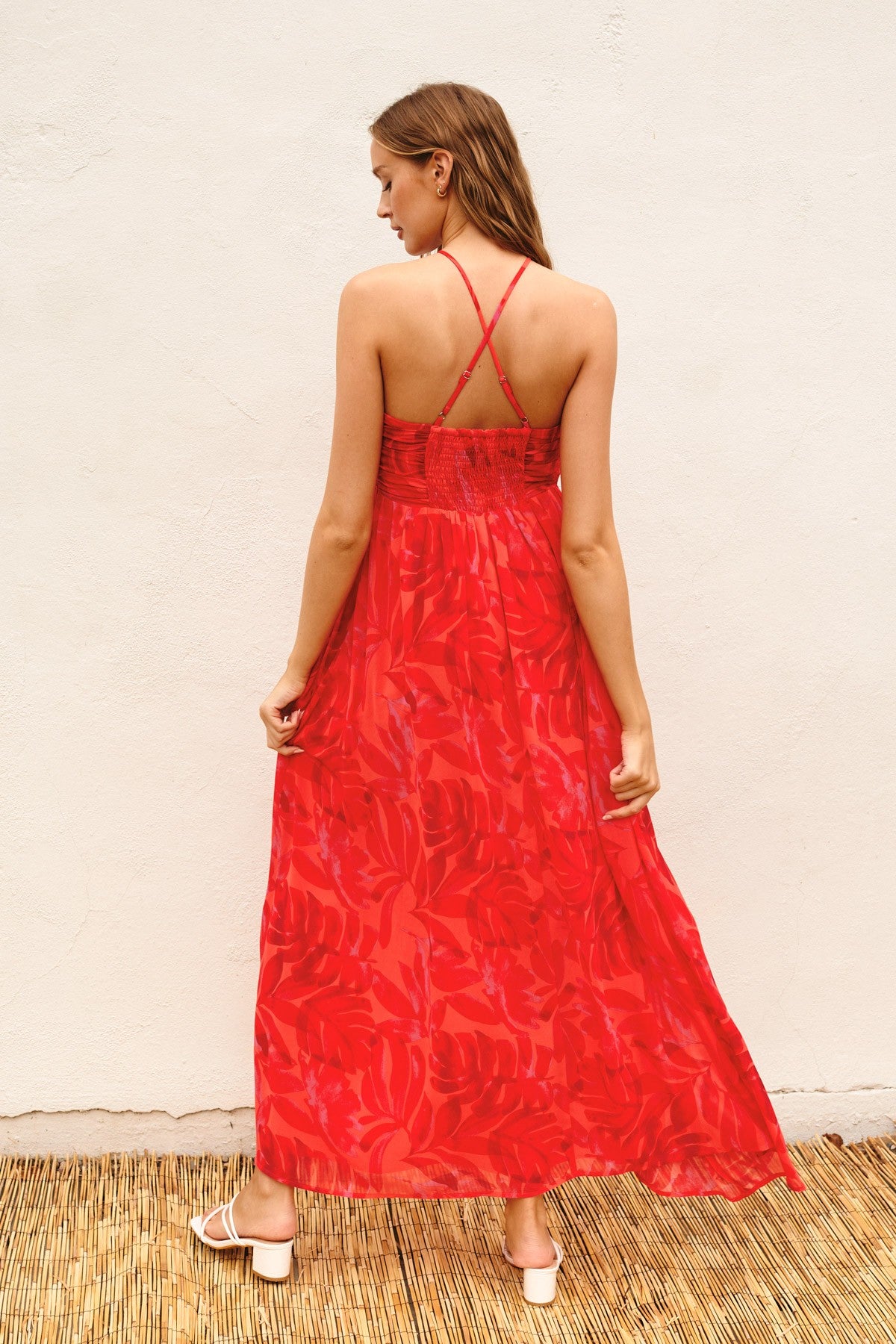 Red Tonal Floral Halter Maxi Dress