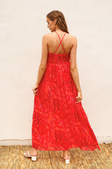 Red Tonal Floral Halter Maxi Dress