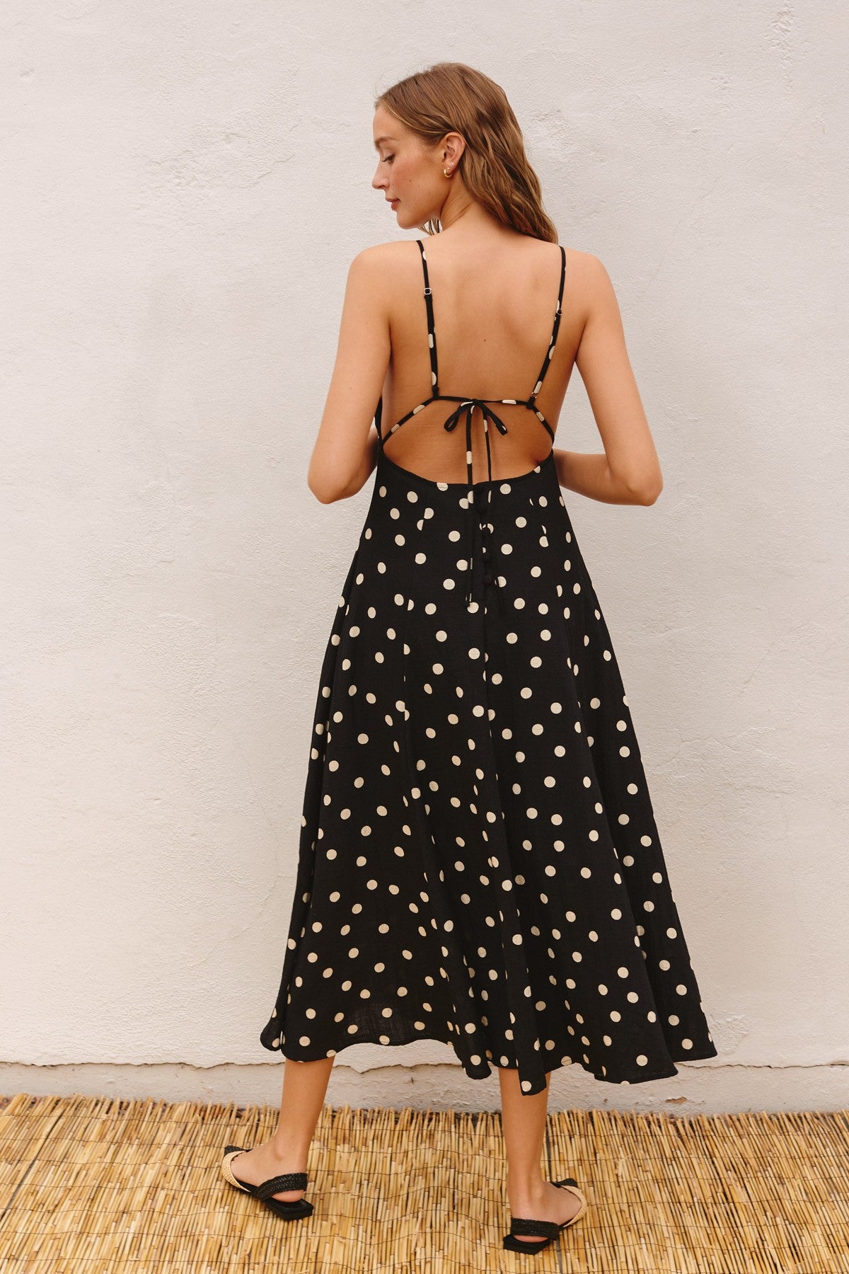 polka dot lace up dress Amlie Polka Dot Lace-Up Back Maxi Dress L