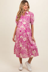 Magenta Floral Collared Tiered Maternity Midi Dress