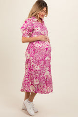 Magenta Floral Collared Tiered Maternity Midi Dress