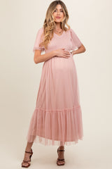 Light Pink Mesh Smocked Maternity Midi Dress