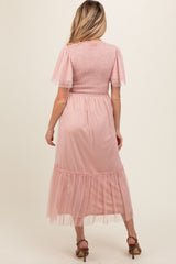 Light Pink Mesh Smocked Maternity Midi Dress