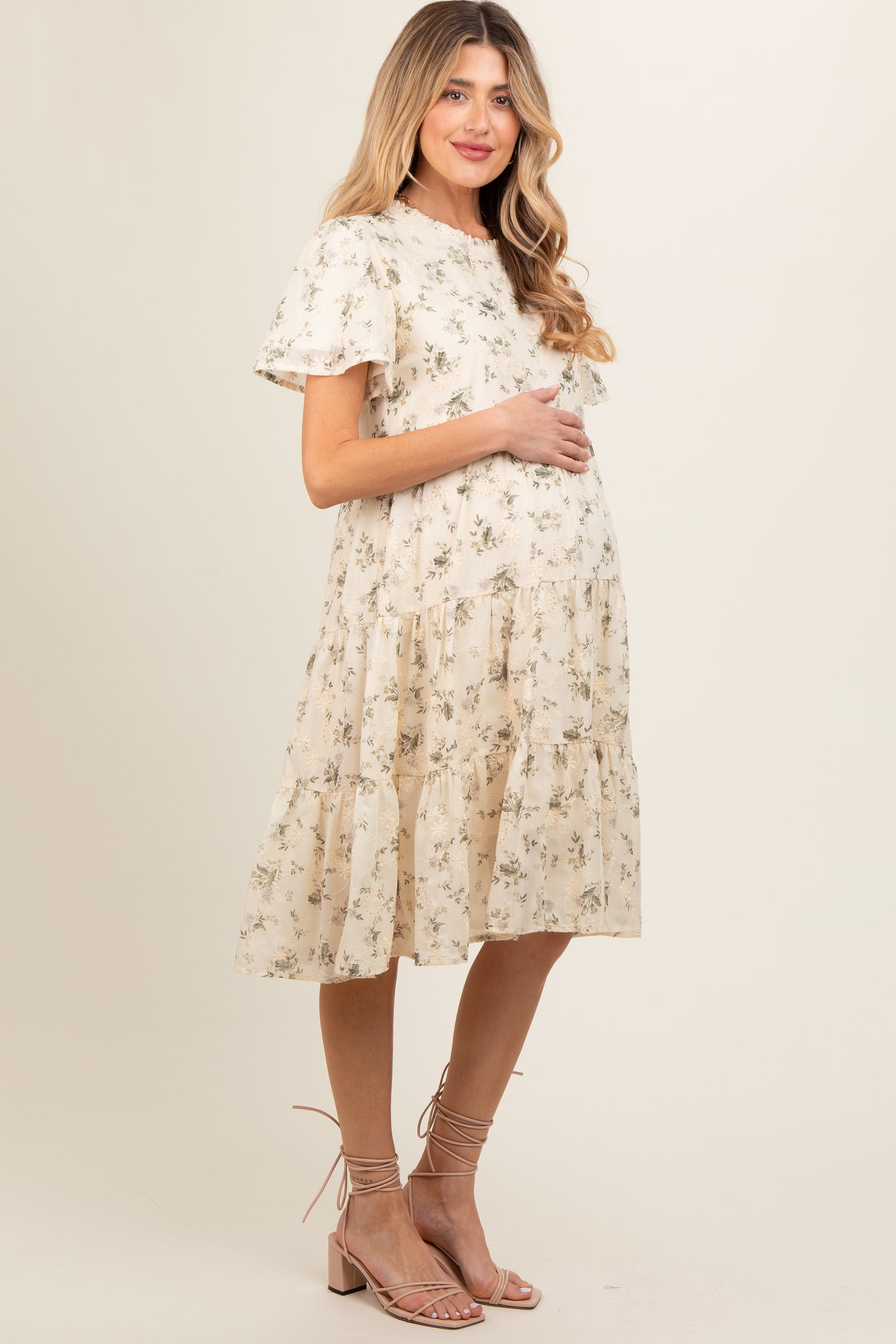 Cream Floral Print Eyelet Lace Dress Cream Floral Print Eyelet Lace Dress