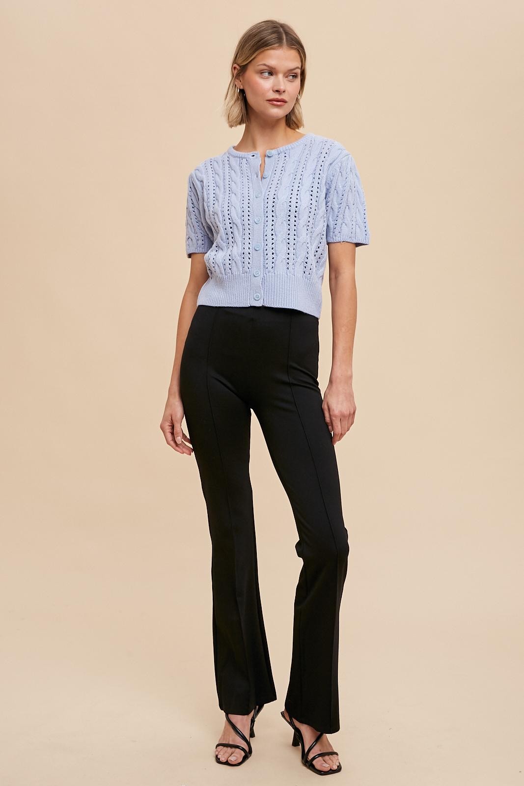 Powder Blue Cable Knit Puff Sleeve Cardigan