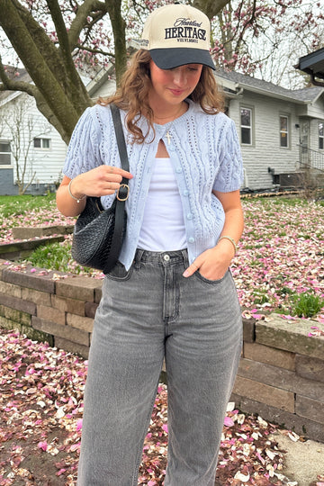 Powder Blue Cable Knit Puff Sleeve Cardigan
