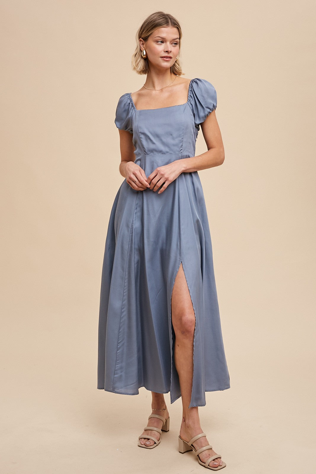 Elemental Blue Linen Blend Maxi Dress With Corset Back Elemental Blue Linen Blend Maxi Dress With Corset Back