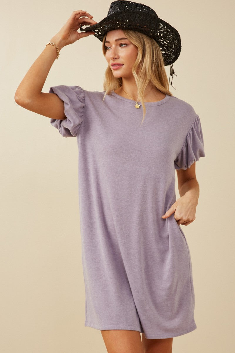 Lavender Gathered Puff Sleeve Terry Knit Dress