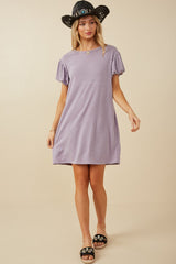 Lavender Gathered Puff Sleeve Terry Knit Dress