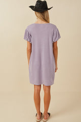 Lavender Gathered Puff Sleeve Terry Knit Dress