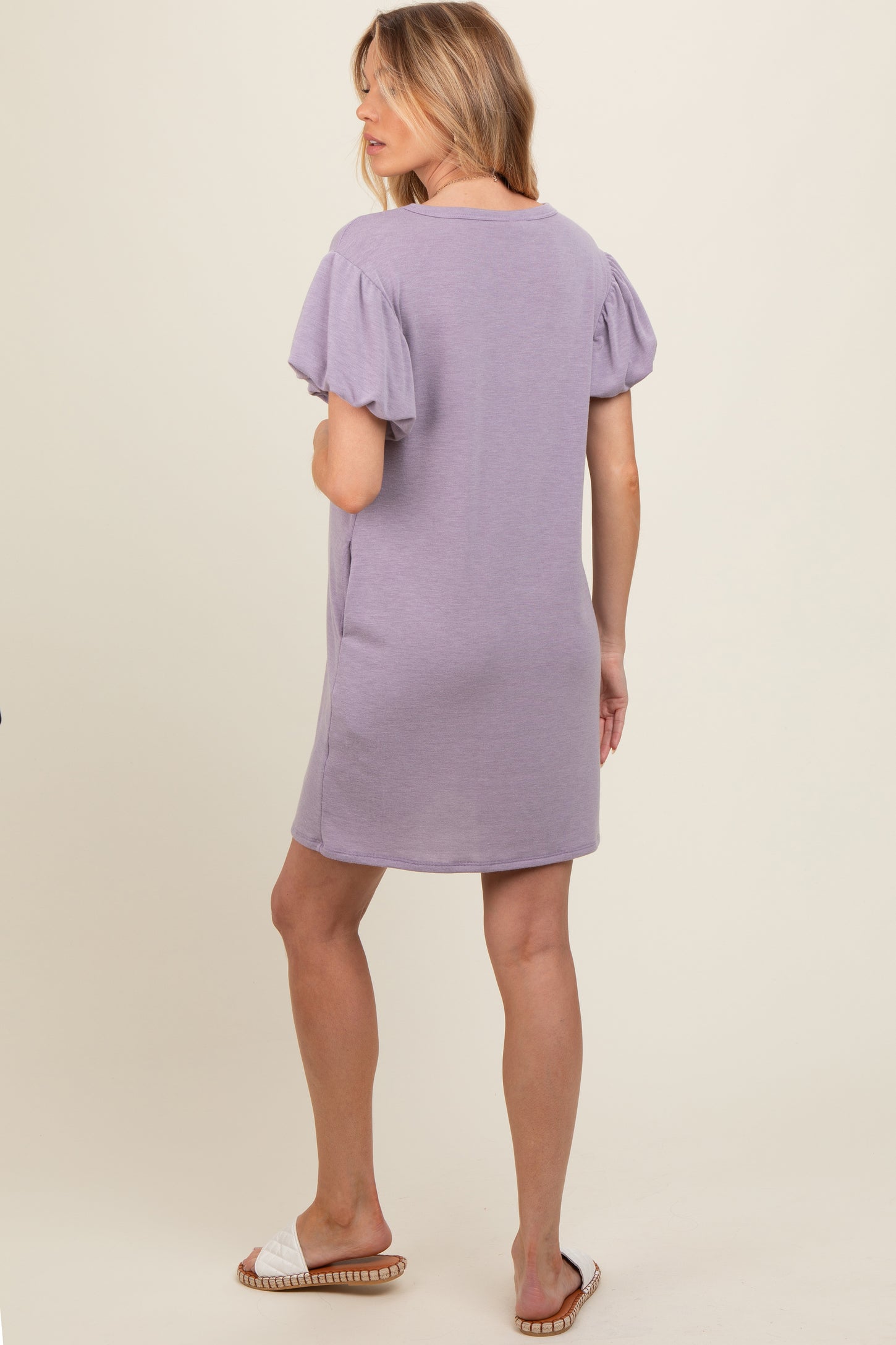 Lavender Gathered Puff Sleeve Terry Knit Maternity Dress
