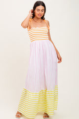 Multi-Color Striped Color Block Shoulder Tie Maternity Maxi Dress