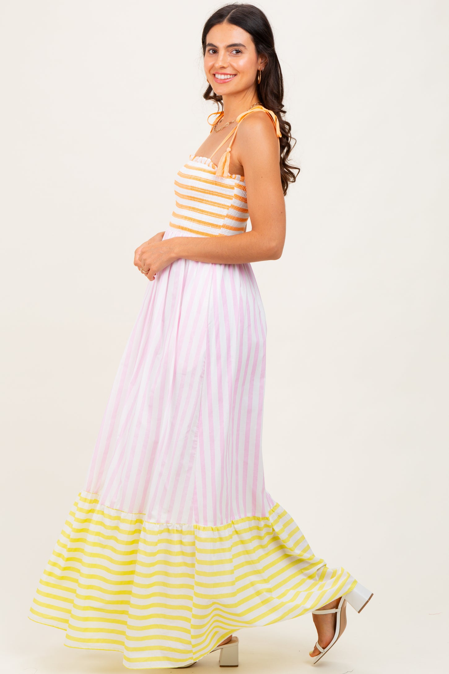 knee length dresses for ladies Multi-Color Striped Color Block Shoulder Tie Maxi Dress – PinkBlush