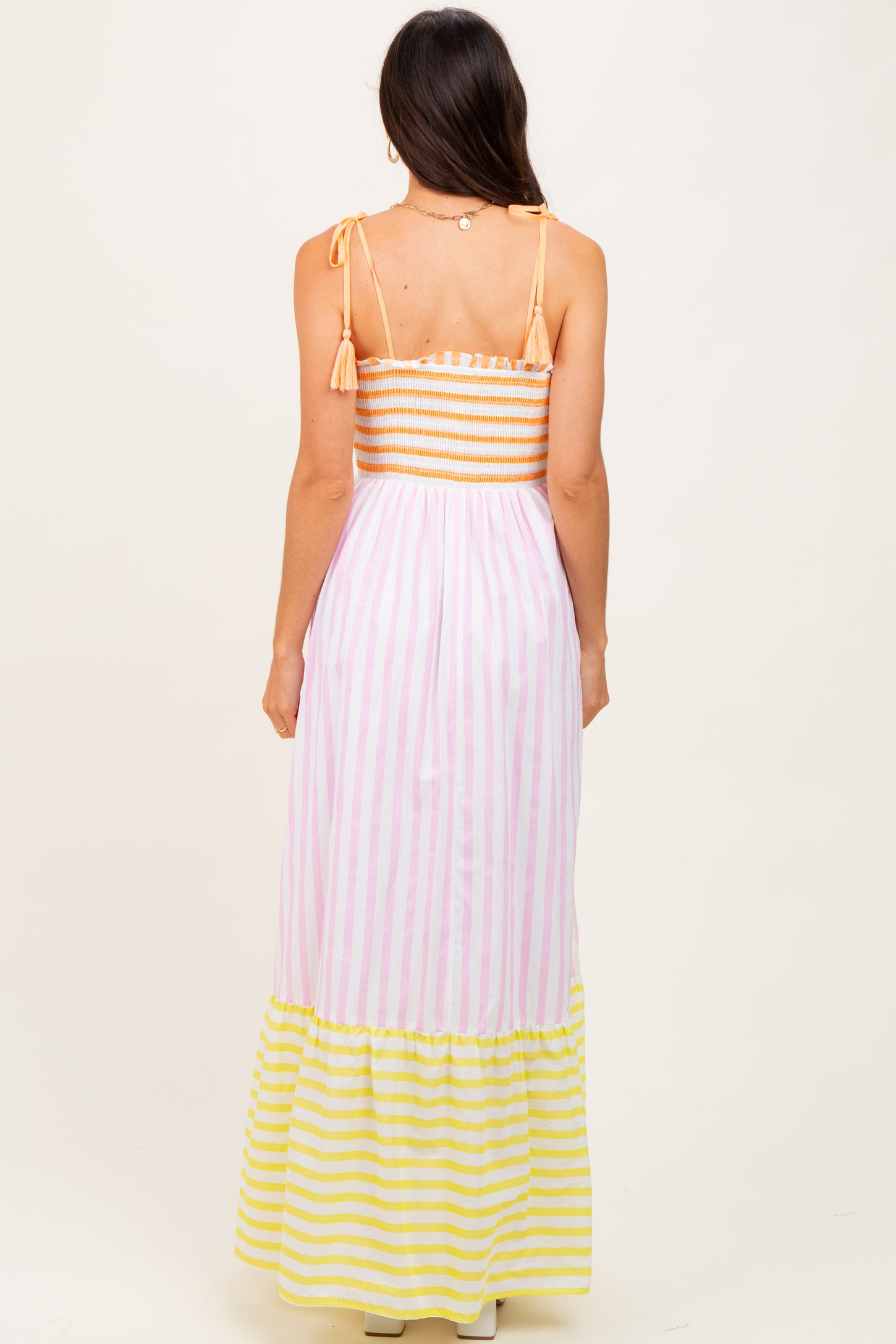 Multi-Color Striped Color Block Shoulder Tie Maxi Dress Multi-Color Striped Color Block Shoulder Tie Maxi Dress