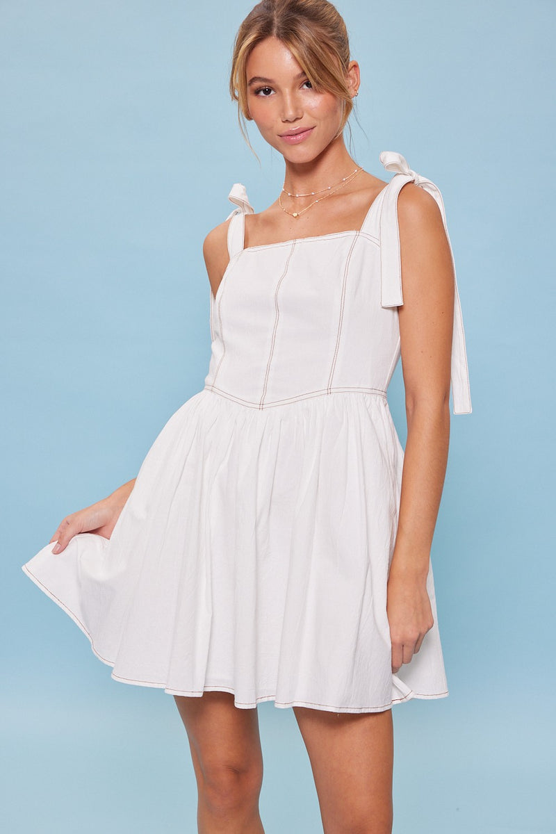 Off White Ribbon Shoulder Ties Mini Dress – PinkBlush