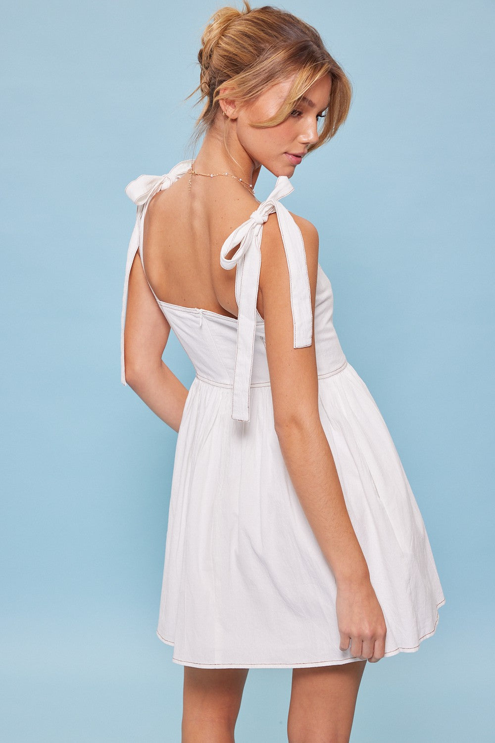 Off White Ribbon Shoulder Ties Mini Dress PinkBlush Off White Ribbon Shoulder Ties Mini Dress PinkBlush