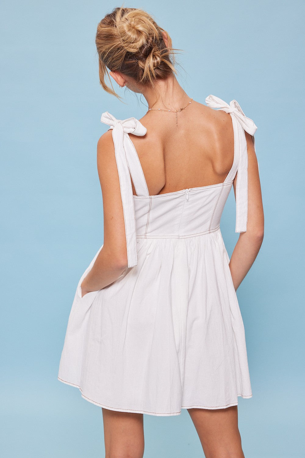 Off White Ribbon Shoulder Ties Mini Dress – PinkBlush
