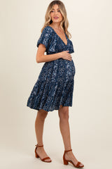 Navy Blue Patterned Smocked Front Maternity Dress