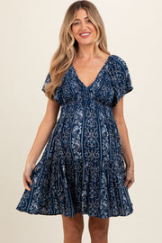 Navy Blue Patterned Smocked Front Maternity Dress