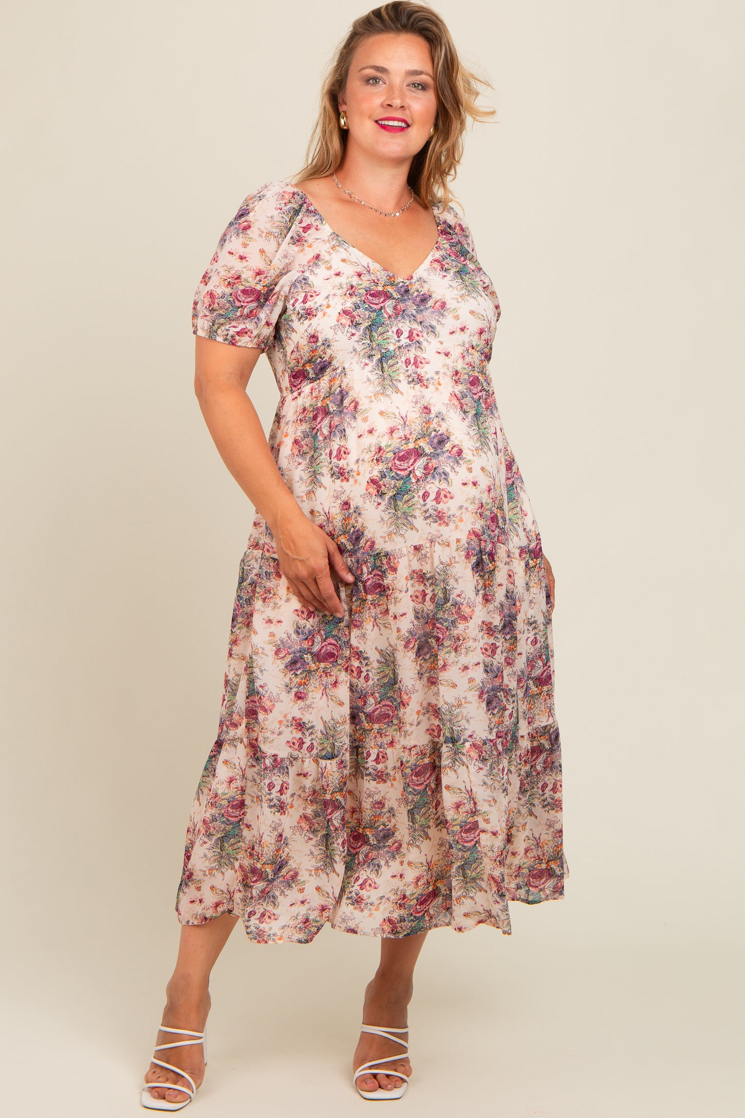 Cream Floral Chiffon Plus Maternity Maxi Dress – PinkBlush