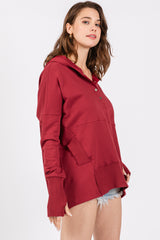 Red Button Front Ribbed Trim Hooded Sweatshirt