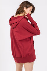 Red Button Front Ribbed Trim Hooded Sweatshirt