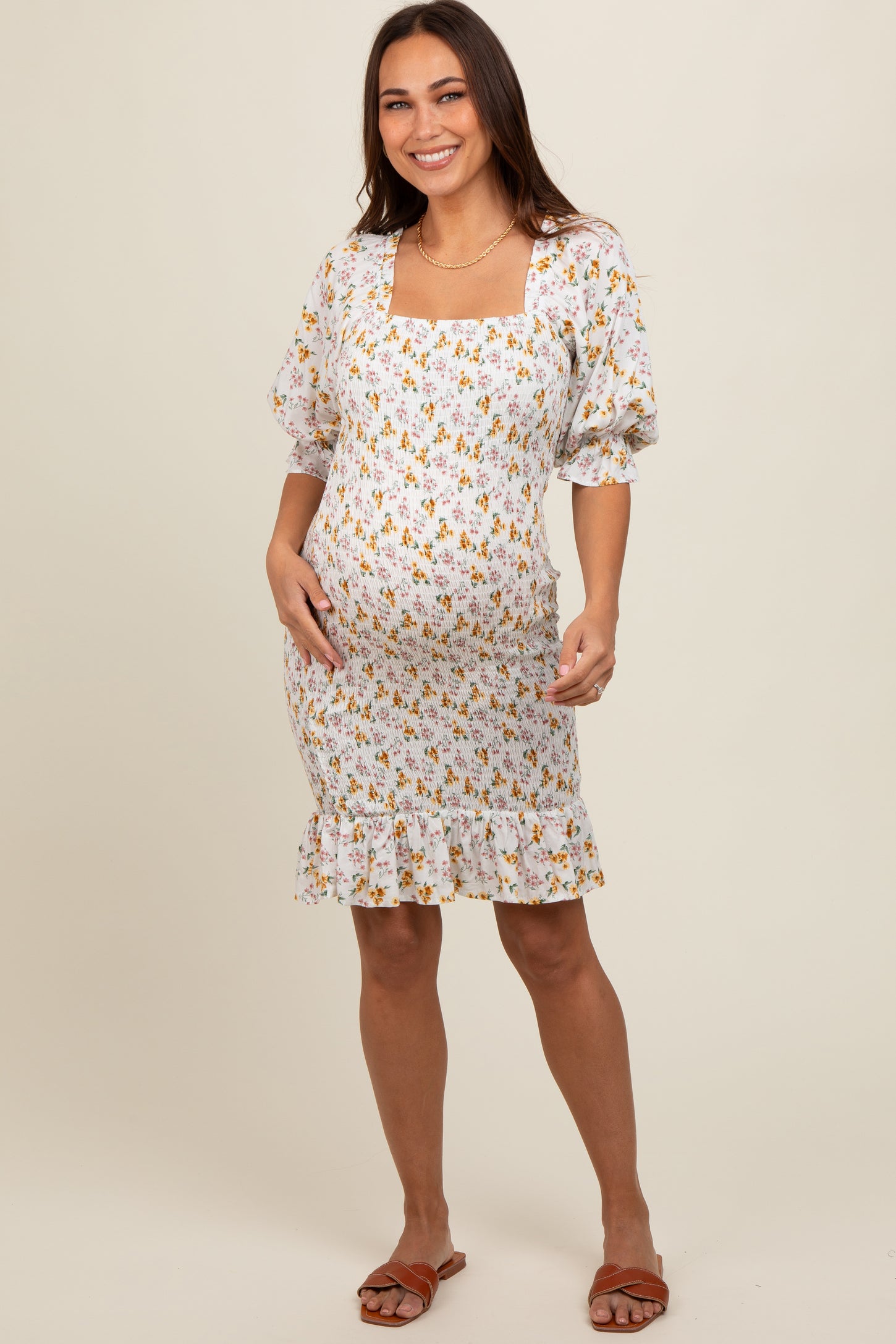 smocked bodycon maternity dress Momyknows Smocked Bow Tie Side Slit Elegant Bodycon Vacation Beach Photoshoot Cute Baby Shower Maternity Maxi Dress