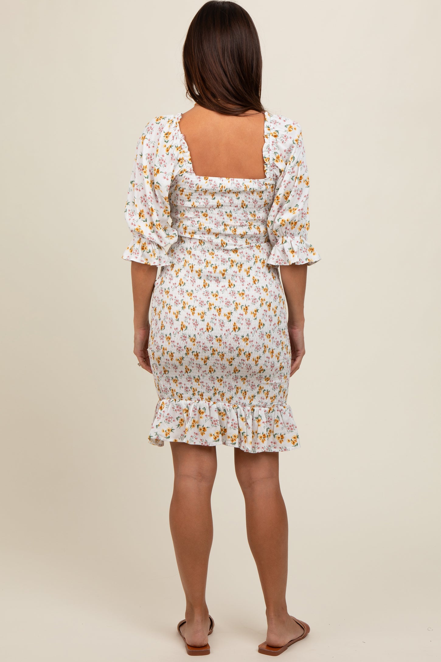 Cream Floral Square Neck Smocked Bodycon Maternity Dress Cream Floral Square Neck Smocked Bodycon Maternity Dress