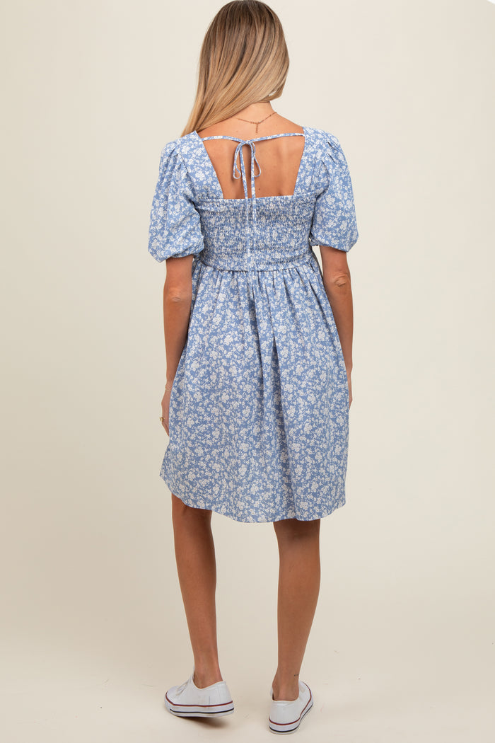 Light Blue Floral Smocked Tie Back Maternity Dress