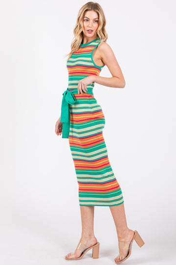 Mint Green Striped Tie Waist Sleeveless Midi Dress