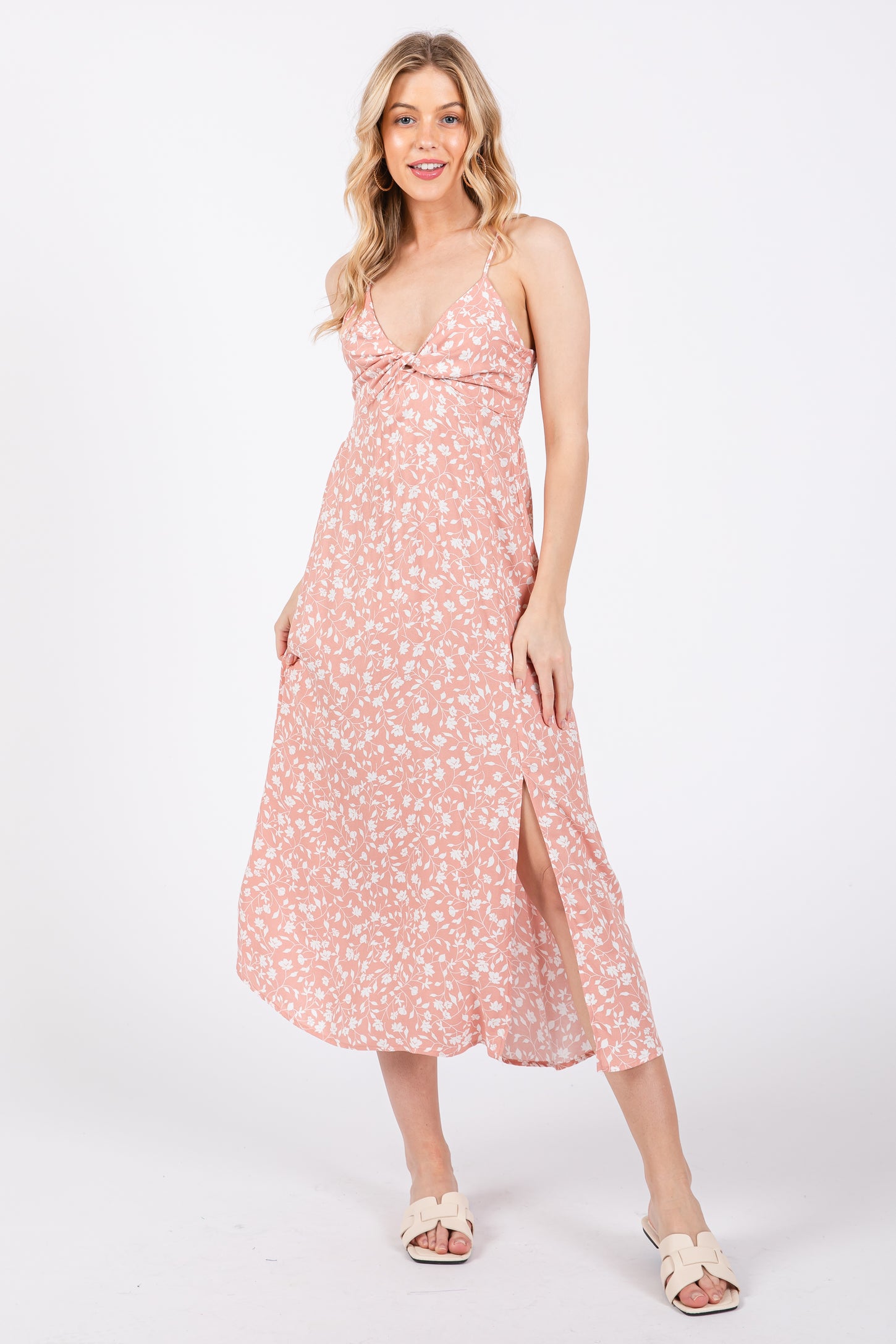 floral midi dress with slits Vanilla Floral Print Front Slit Midi Dress