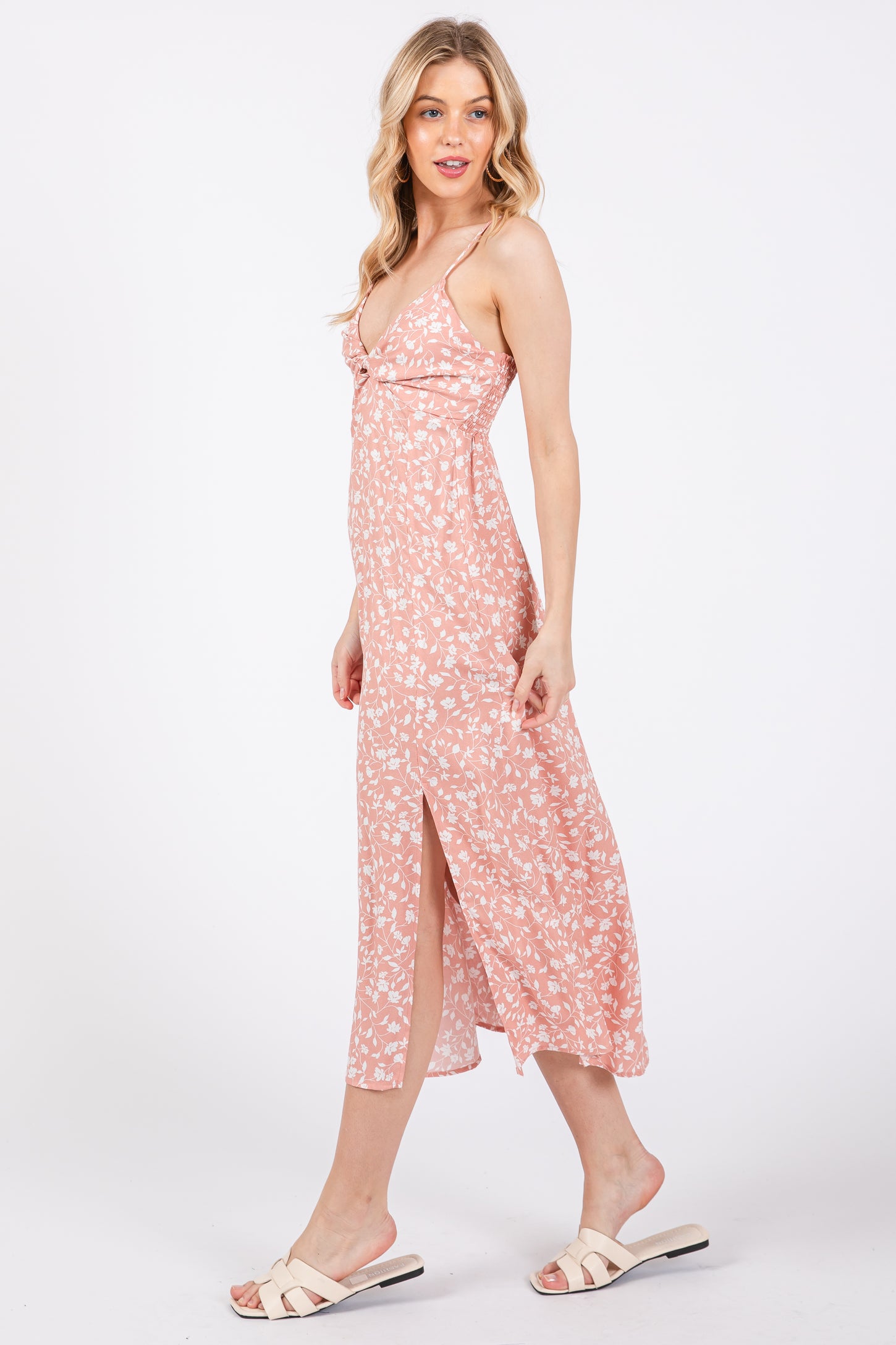 floral slit midi dress The Yellow V Neck Floral Slit Midi Dress