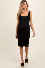 Black Ribbed Fitted Sleeveless Maternity Dress