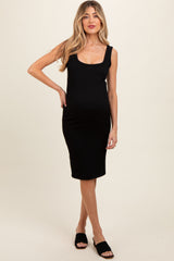 Black Ribbed Fitted Sleeveless Maternity Dress