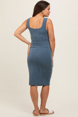 Blue Ribbed Fitted Sleeveless Maternity Dress