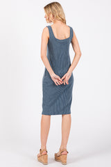 Blue Ribbed Fitted Sleeveless Dress