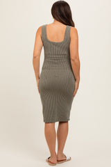 Olive Ribbed Fitted Sleeveless Maternity Dress
