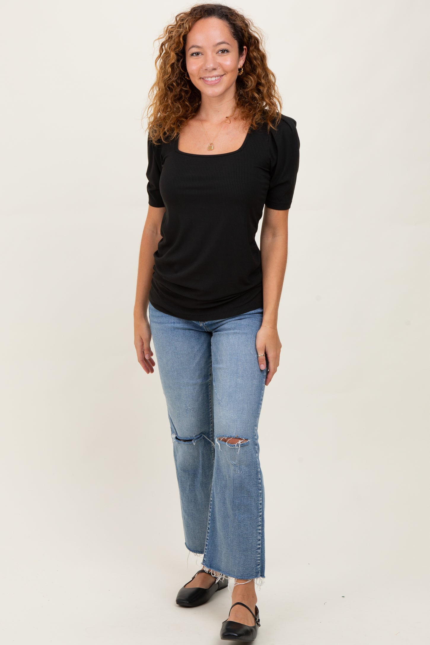 Black Ribbed Ruched Square Neck Puff Sleeve Top