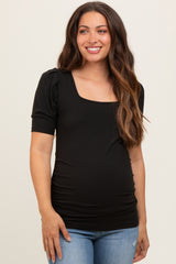 Black Ribbed Ruched Square Neck Puff Sleeve Maternity Top