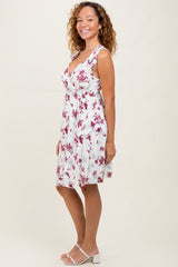Ivory Mauve Floral Knotted Wrap V-Neck Dress