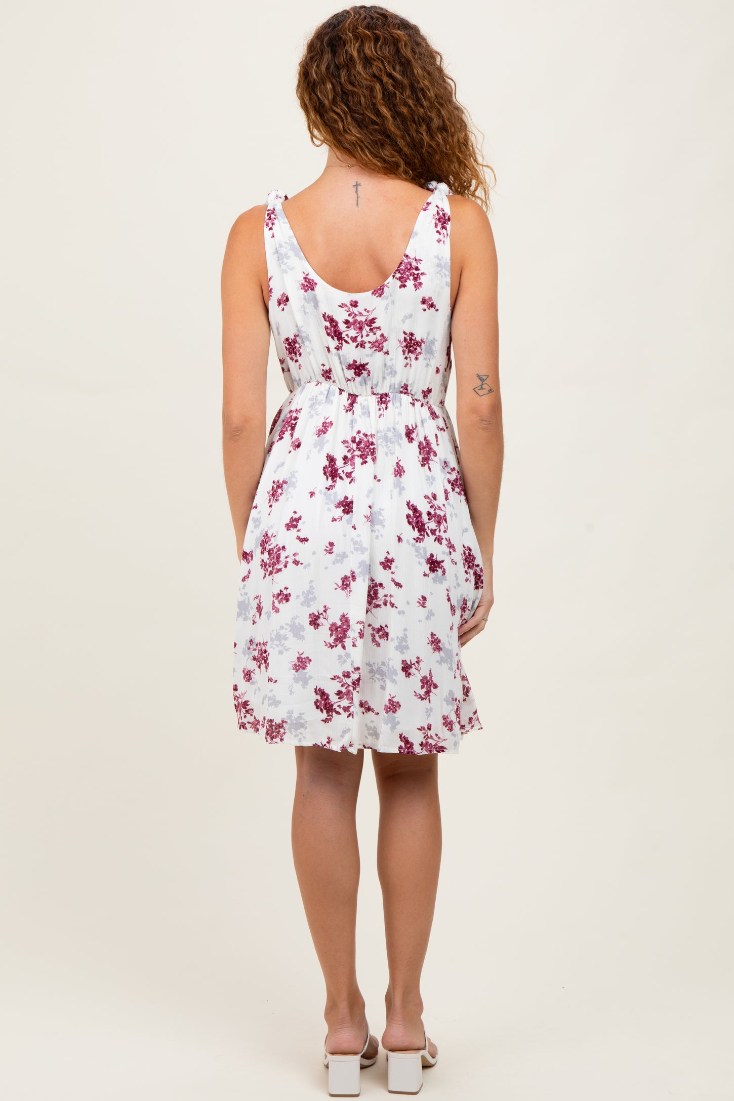 Ivory Mauve Floral Knotted Wrap V-Neck Dress