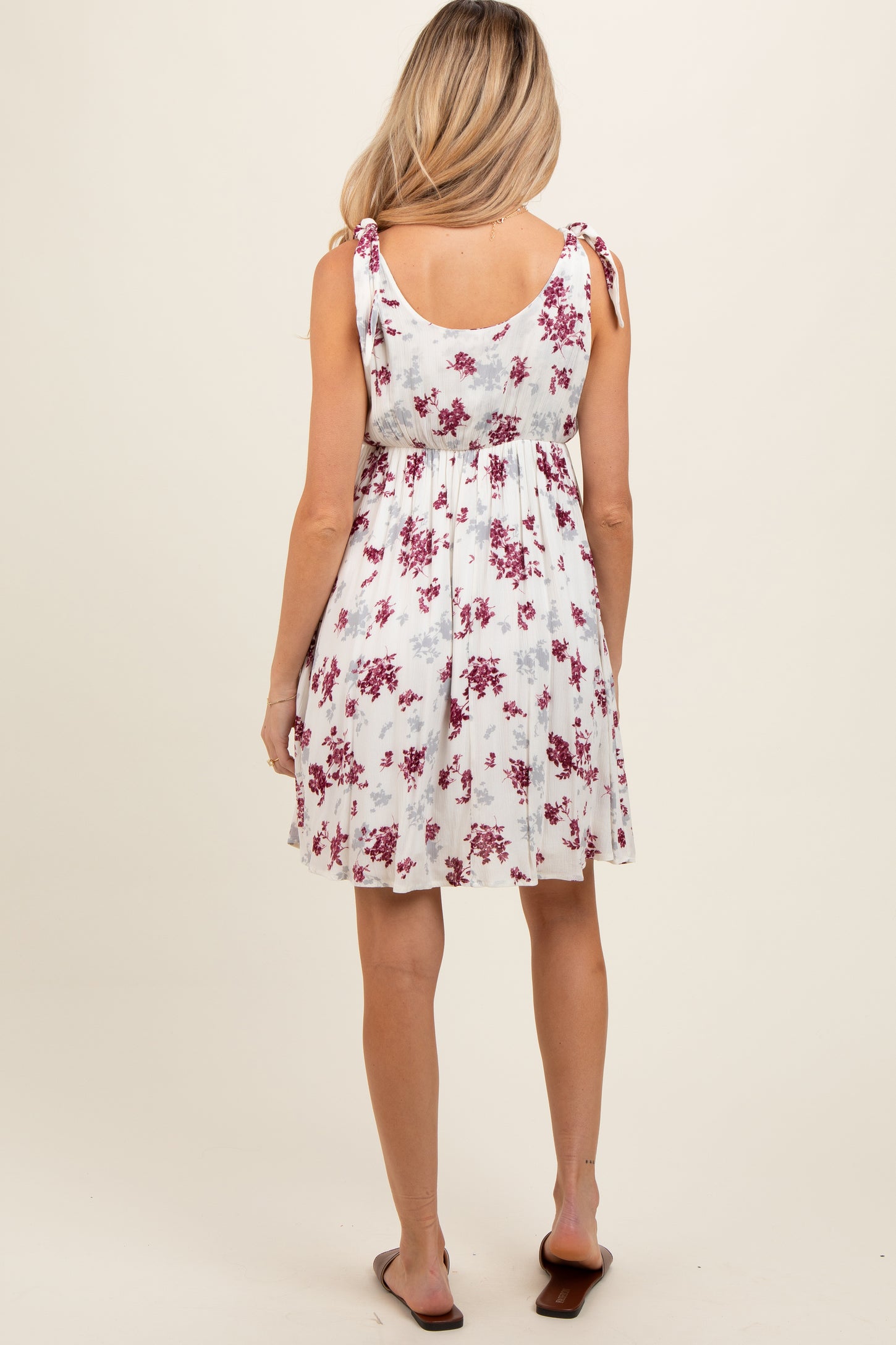 Ivory Mauve Floral Knotted Wrap V-Neck Maternity Dress