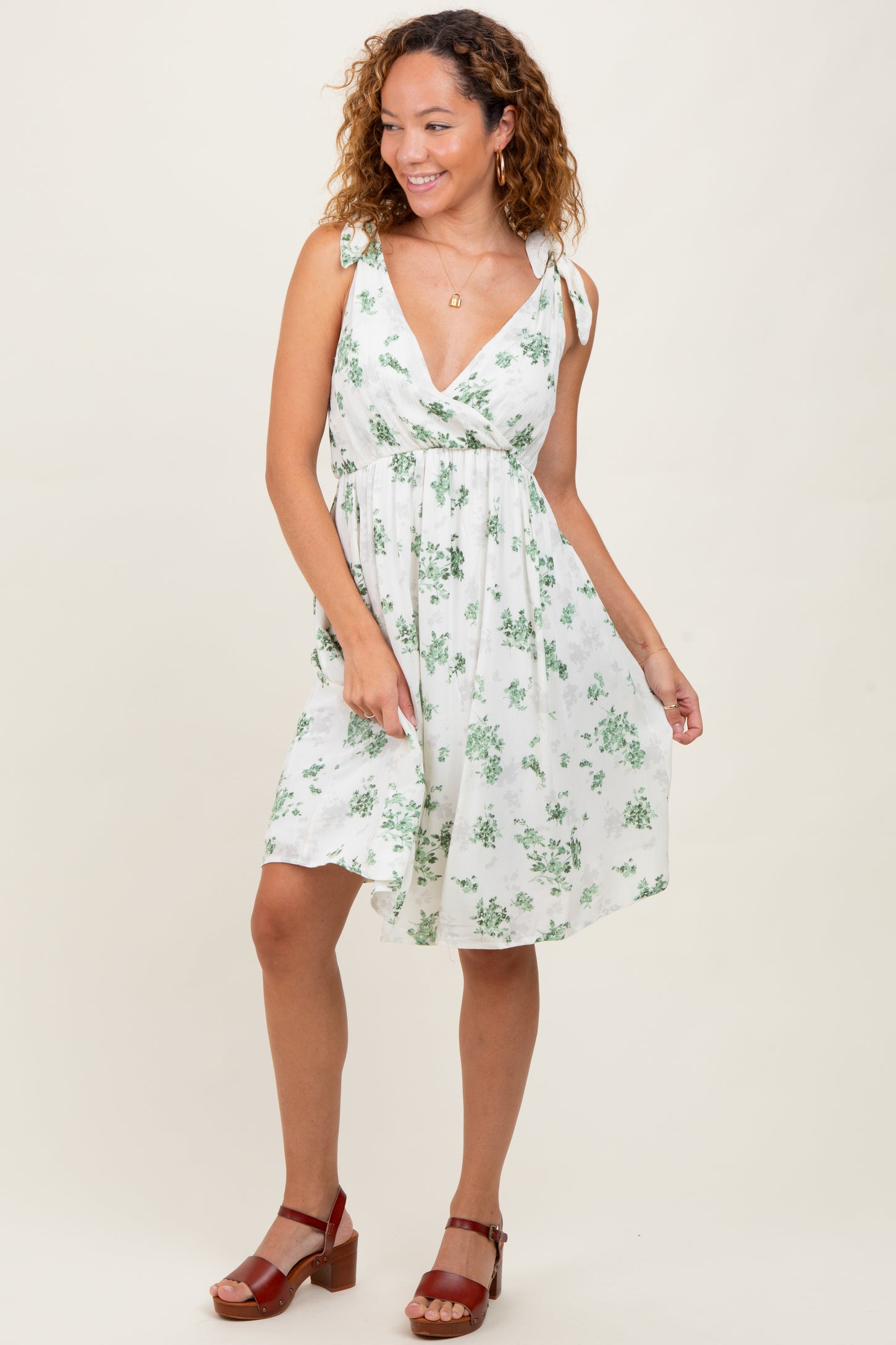 Ivory Green Floral Knotted Wrap V-Neck Dress