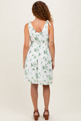 Ivory Green Floral Knotted Wrap V-Neck Dress