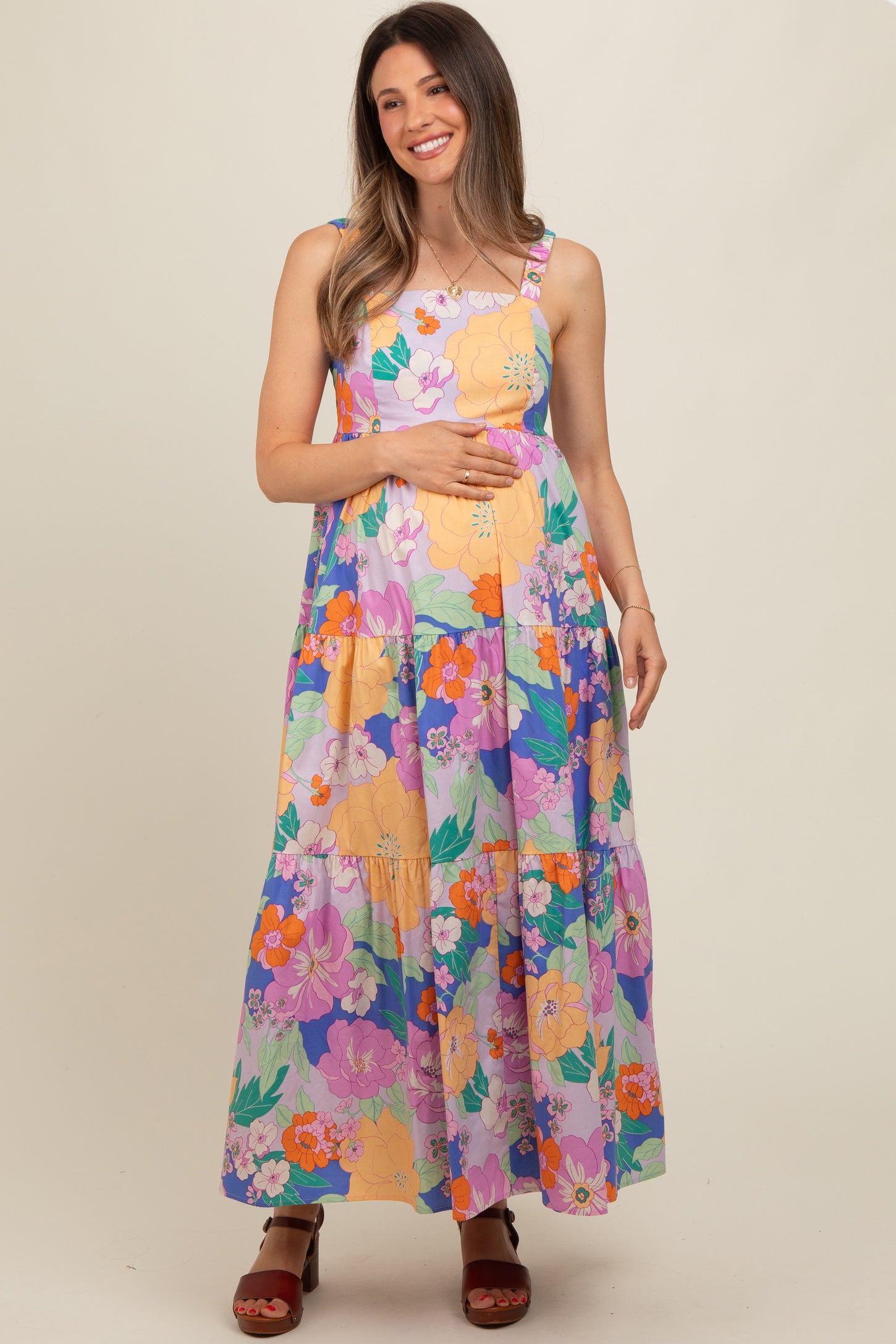 Royal Blue Multi-Color Floral Tiered Cutout Back Maternity Dress PinkBlush Royal Blue Multi-Color Floral Tiered Cutout Back Maternity Dress PinkBlush
